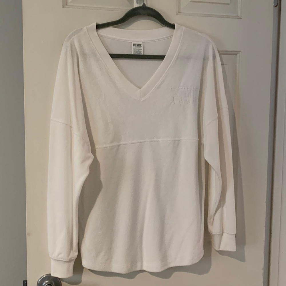 Pink Victoria Secret Velour V-neck long sleeve top. Slight curve hem, XS white